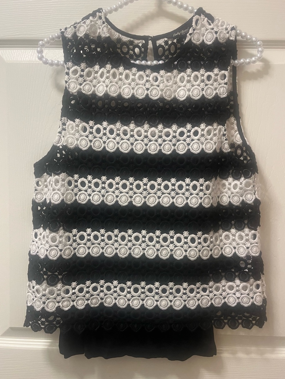 Lucky Brand Woven Lace Stripe Sleeveless Top w/adjustable strap black tank SZ SM